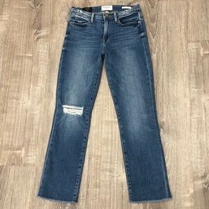 Frame Denim Women's Straight Leg Jeans in Medium Blue with Distressed Knee